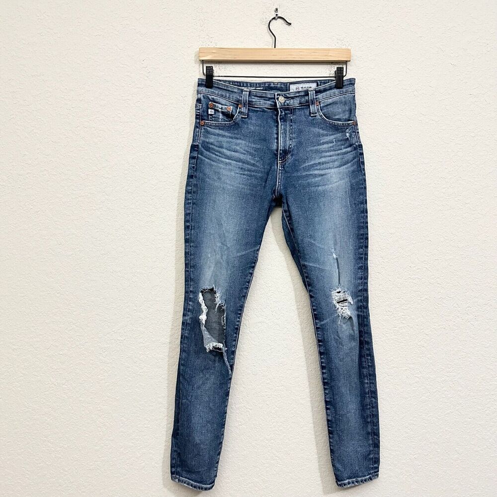 AG ADRIANO GOLDSCHMIED Destroyed The Farrah Skinny Ankle Jeans in Blue